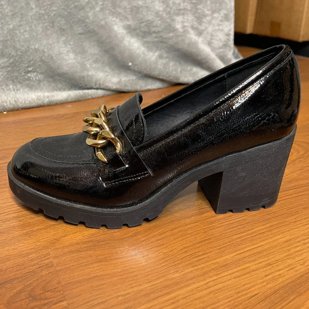 Limelight Women 7.5M Y2K Chunky Dark Academia Platform Loafers Gold Accent Heels
